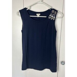 J CREW Women’s Top Blouse Navy Blue Jeweled Bling Cotton Sleeveless Size XS